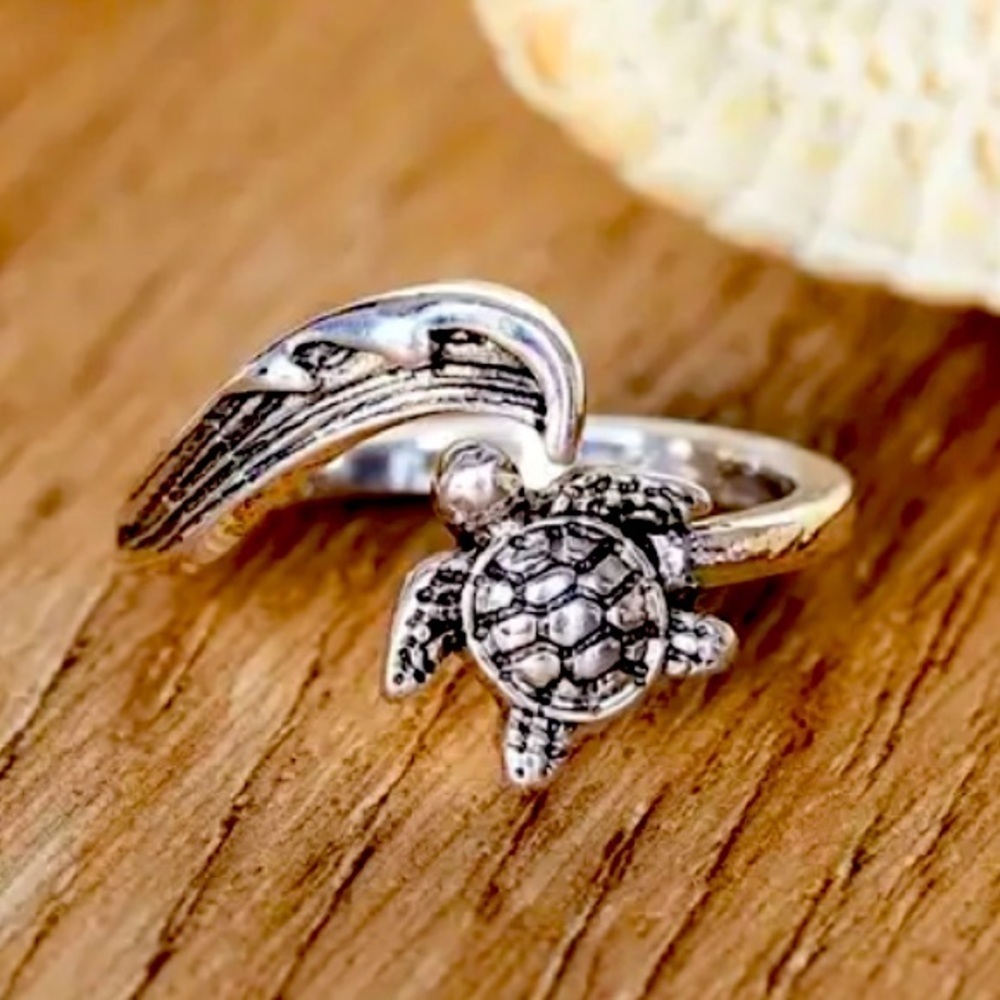 Sea Turtle and Ocean Wave Silver Tone Ring Size is Adjustable